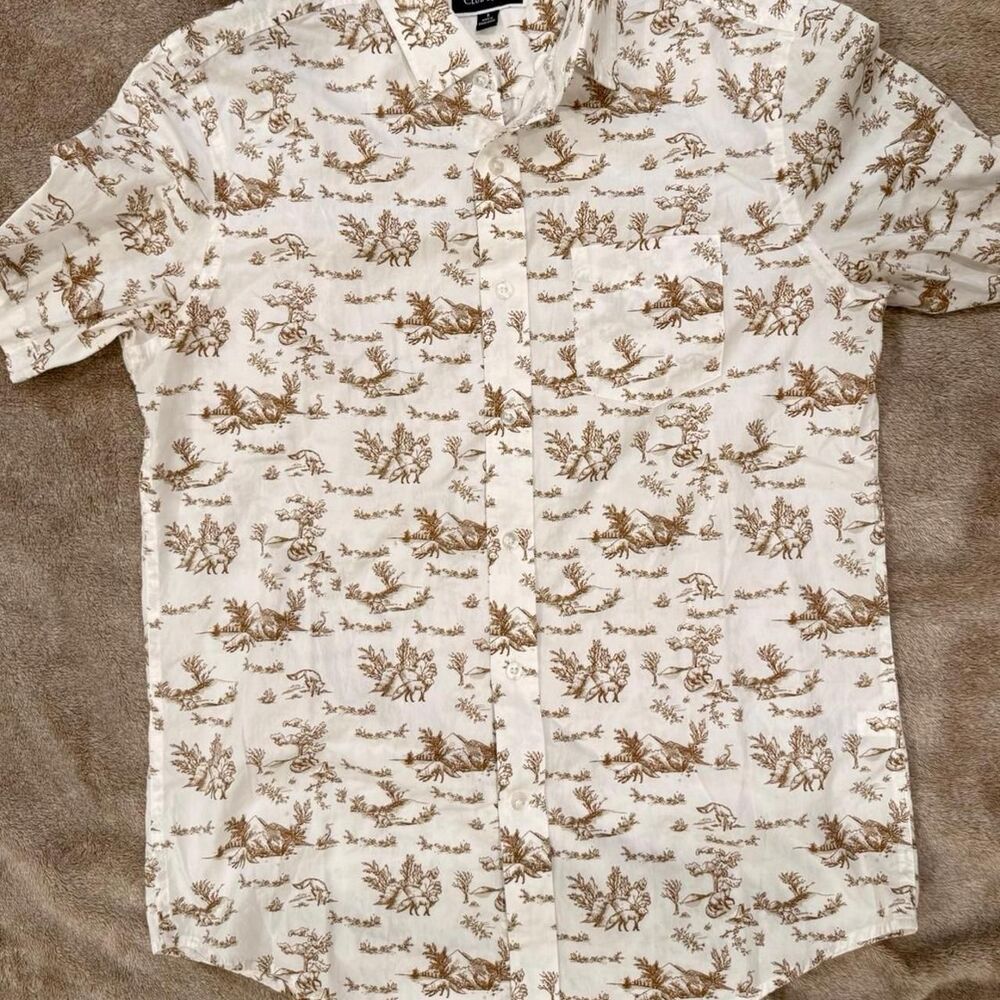 Men's White and Brown Patterned Short Sleeve Button Up Shirt